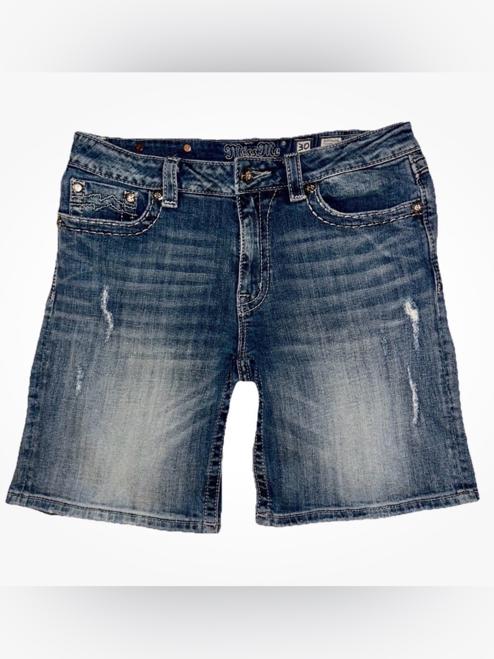 Miss Me Boyfriend JB1247H Rhinestone Embellished Washed Denim Shorts 30 x 9